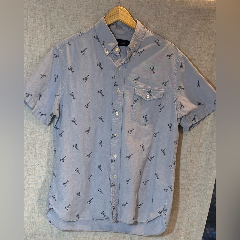 RALPH LAUREN light denim LOBSTER print short sleeve cotton shirt. Large.